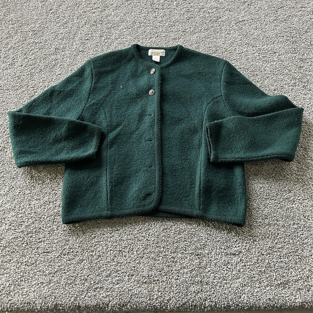 Tally Ho Cardigan Sweater Womens PM Green Crew Neck 100% Wool Button Front